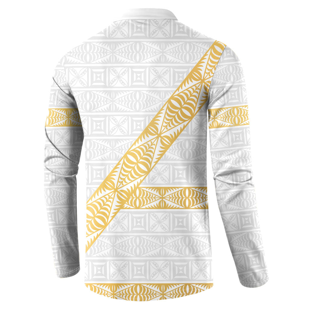 Tonga White Sunday Button Sweatshirt Fakame Tongan Ngatu Pattern Gold Strips LT14 - Polynesian Pride