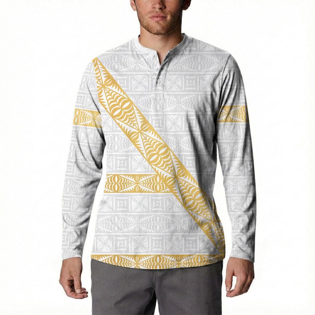Tonga White Sunday Button Sweatshirt Fakame Tongan Ngatu Pattern Gold Strips LT14 - Polynesian Pride