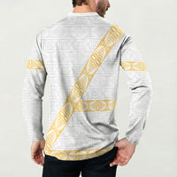 Tonga White Sunday Button Sweatshirt Fakame Tongan Ngatu Pattern Gold Strips LT14 - Polynesian Pride