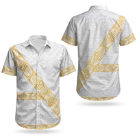 Tonga White Sunday Couples Matching Mermaid Dress and Hawaiian Shirt Fakame Tongan Ngatu Pattern Gold Strips LT14 - Polynesian Pride