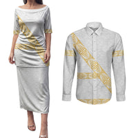 Tonga White Sunday Couples Matching Puletasi and Long Sleeve Button Shirt Fakame Tongan Ngatu Pattern Gold Strips LT14 White - Polynesian Pride