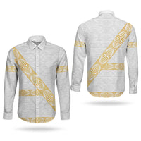 Tonga White Sunday Couples Matching Puletasi and Long Sleeve Button Shirt Fakame Tongan Ngatu Pattern Gold Strips LT14 - Polynesian Pride
