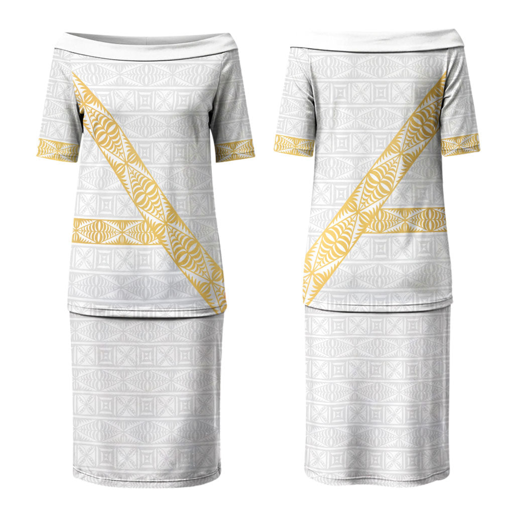 Tonga White Sunday Couples Matching Puletasi and Long Sleeve Button Shirt Fakame Tongan Ngatu Pattern Gold Strips LT14 - Polynesian Pride