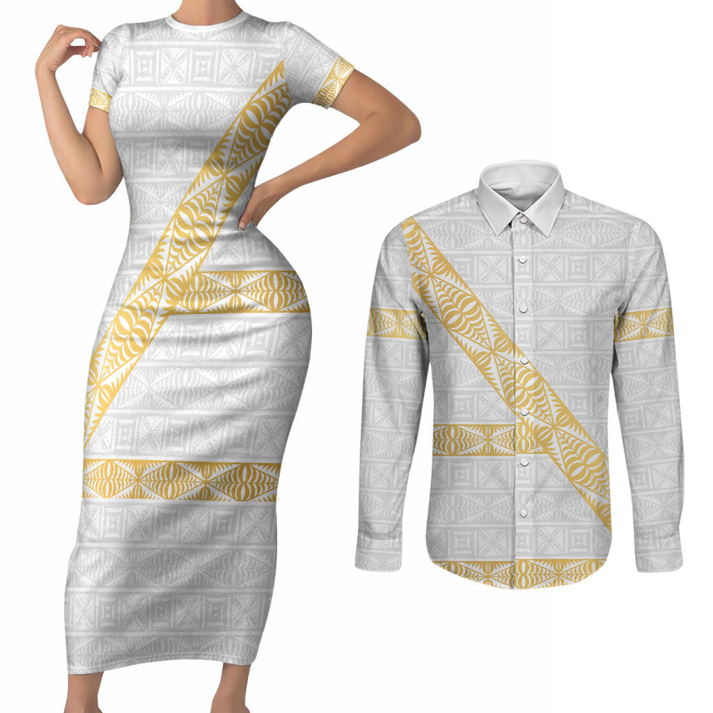 Tonga White Sunday Couples Matching Short Sleeve Bodycon Dress and Long Sleeve Button Shirt Fakame Tongan Ngatu Pattern Gold Strips LT14 White - Polynesian Pride