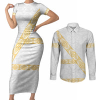 Tonga White Sunday Couples Matching Short Sleeve Bodycon Dress and Long Sleeve Button Shirt Fakame Tongan Ngatu Pattern Gold Strips LT14 White - Polynesian Pride