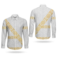 Tonga White Sunday Couples Matching Short Sleeve Bodycon Dress and Long Sleeve Button Shirt Fakame Tongan Ngatu Pattern Gold Strips LT14 - Polynesian Pride