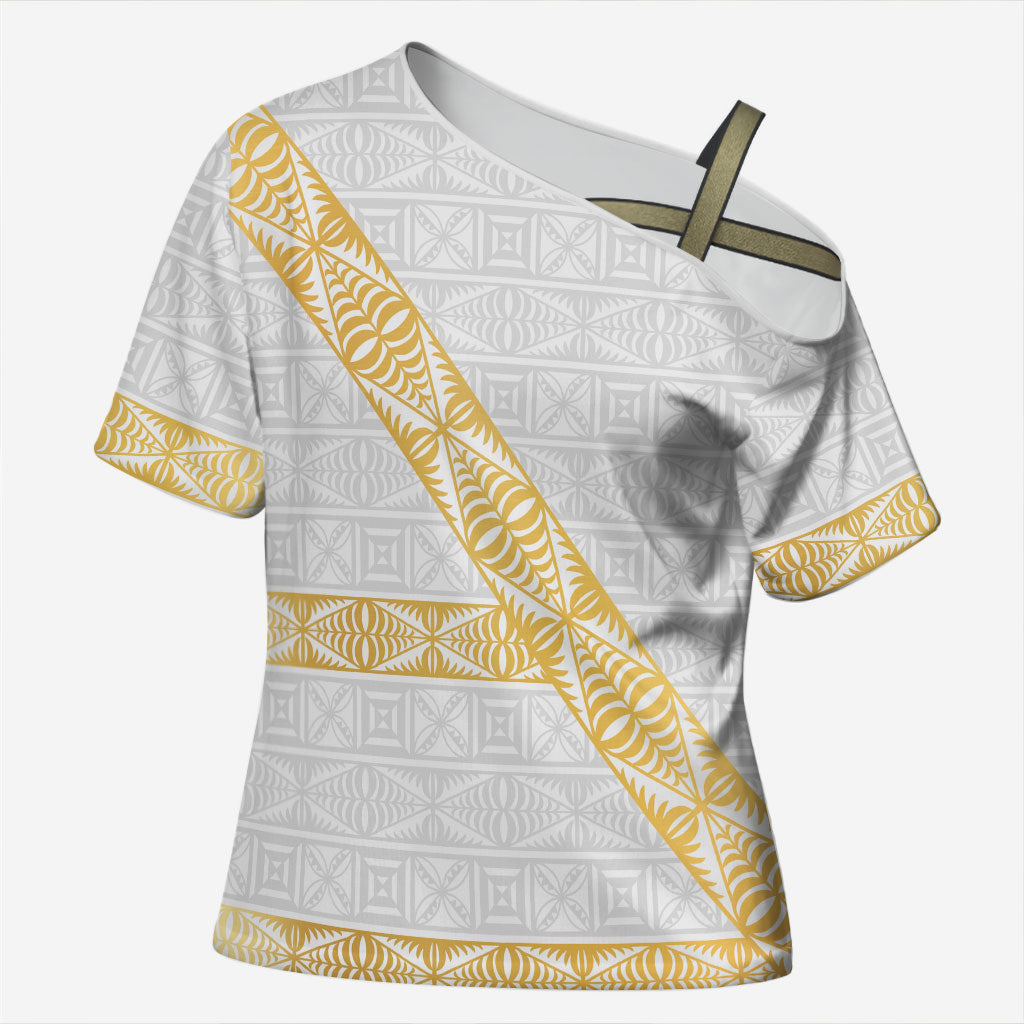 Tonga White Sunday Cross Shoulder Shirt Fakame Tongan Ngatu Pattern Gold Strips LT14 Female White - Polynesian Pride