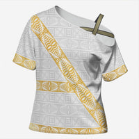 Tonga White Sunday Cross Shoulder Shirt Fakame Tongan Ngatu Pattern Gold Strips LT14 Female White - Polynesian Pride