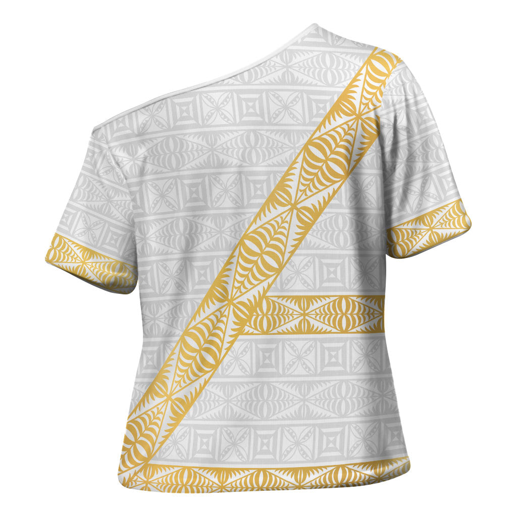 Tonga White Sunday Cross Shoulder Shirt Fakame Tongan Ngatu Pattern Gold Strips LT14 - Polynesian Pride