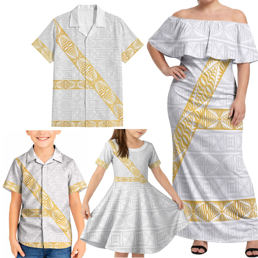 Tonga White Sunday Family Matching Off Shoulder Maxi Dress and Hawaiian Shirt Fakame Tongan Ngatu Pattern Gold Strips LT14 - Polynesian Pride