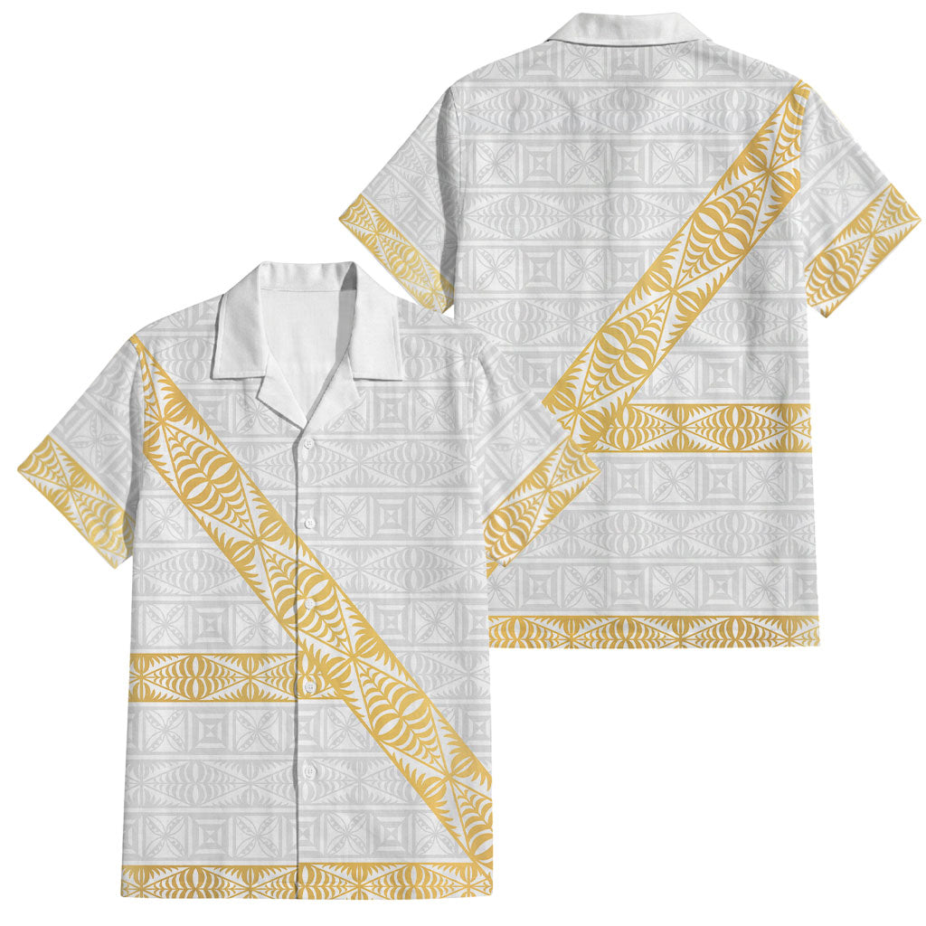 Tonga White Sunday Family Matching Off Shoulder Maxi Dress and Hawaiian Shirt Fakame Tongan Ngatu Pattern Gold Strips LT14 Dad's Shirt - Short Sleeve White - Polynesian Pride
