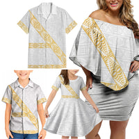 Tonga White Sunday Family Matching Off Shoulder Short Dress and Hawaiian Shirt Fakame Tongan Ngatu Pattern Gold Strips LT14 - Polynesian Pride