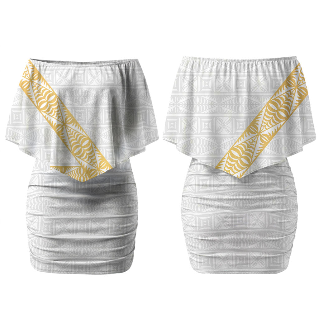 Tonga White Sunday Family Matching Off Shoulder Short Dress and Hawaiian Shirt Fakame Tongan Ngatu Pattern Gold Strips LT14 Mom's Dress White - Polynesian Pride