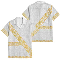 Tonga White Sunday Family Matching Off Shoulder Short Dress and Hawaiian Shirt Fakame Tongan Ngatu Pattern Gold Strips LT14 Dad's Shirt - Short Sleeve White - Polynesian Pride