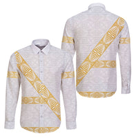 Tonga White Sunday Family Matching Off Shoulder Short Dress and Hawaiian Shirt Fakame Tongan Ngatu Pattern Gold Strips LT14 Dad's Shirt - Long Sleeve White - Polynesian Pride
