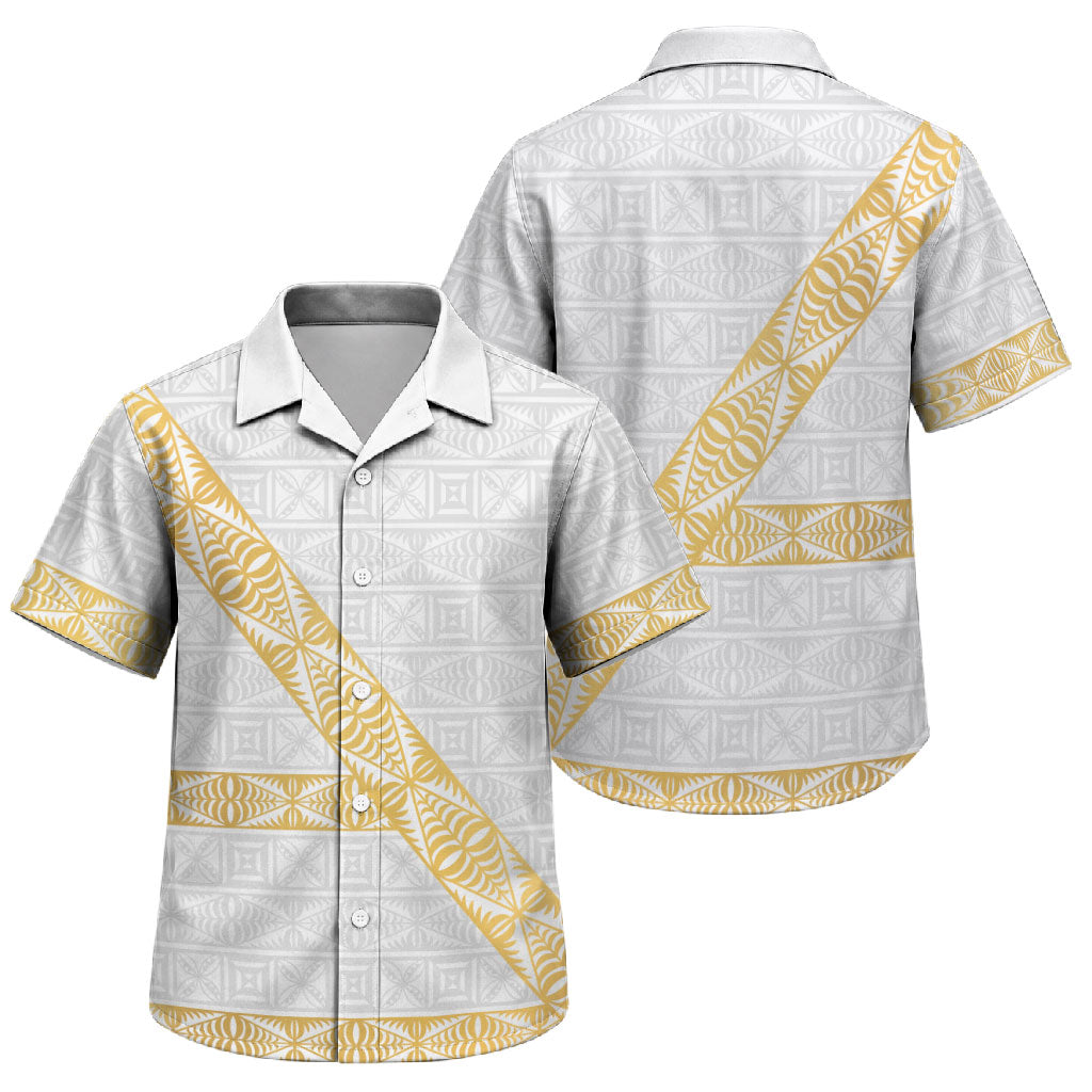Tonga White Sunday Family Matching Off Shoulder Short Dress and Hawaiian Shirt Fakame Tongan Ngatu Pattern Gold Strips LT14 Son's Shirt White - Polynesian Pride
