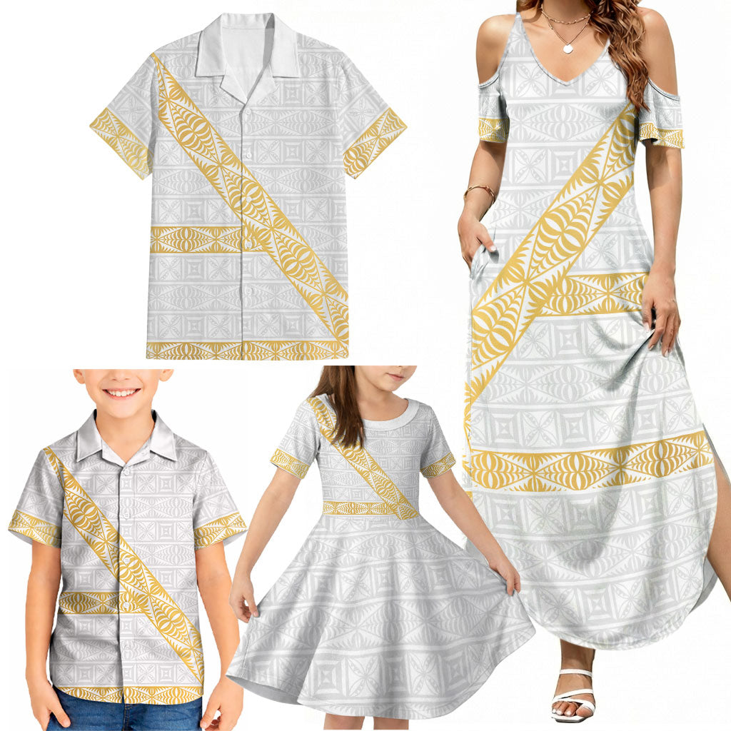 Tonga White Sunday Family Matching Summer Maxi Dress and Hawaiian Shirt Fakame Tongan Ngatu Pattern Gold Strips LT14 - Polynesian Pride