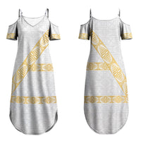 Tonga White Sunday Family Matching Summer Maxi Dress and Hawaiian Shirt Fakame Tongan Ngatu Pattern Gold Strips LT14 Mom's Dress White - Polynesian Pride