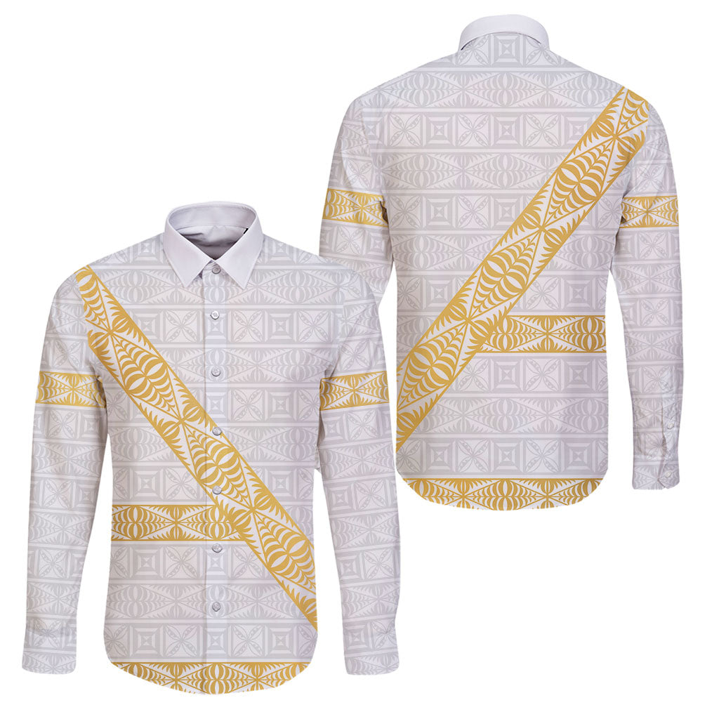 Tonga White Sunday Family Matching Summer Maxi Dress and Hawaiian Shirt Fakame Tongan Ngatu Pattern Gold Strips LT14 Dad's Shirt - Long Sleeve White - Polynesian Pride