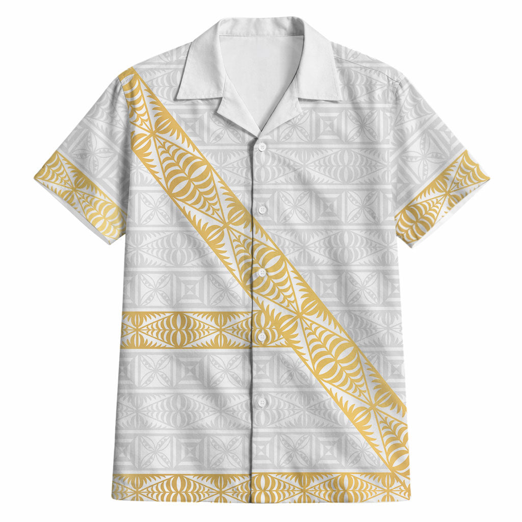 Tonga White Sunday Hawaiian Shirt Fakame Tongan Ngatu Pattern Gold Strips LT14 White - Polynesian Pride