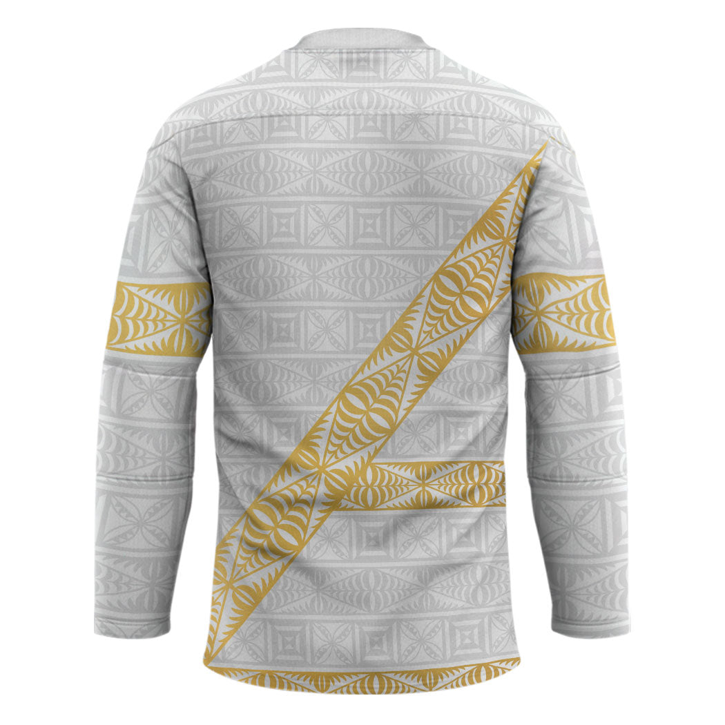 Tonga White Sunday Hockey Jersey Fakame Tongan Ngatu Pattern Gold Strips LT14 - Polynesian Pride