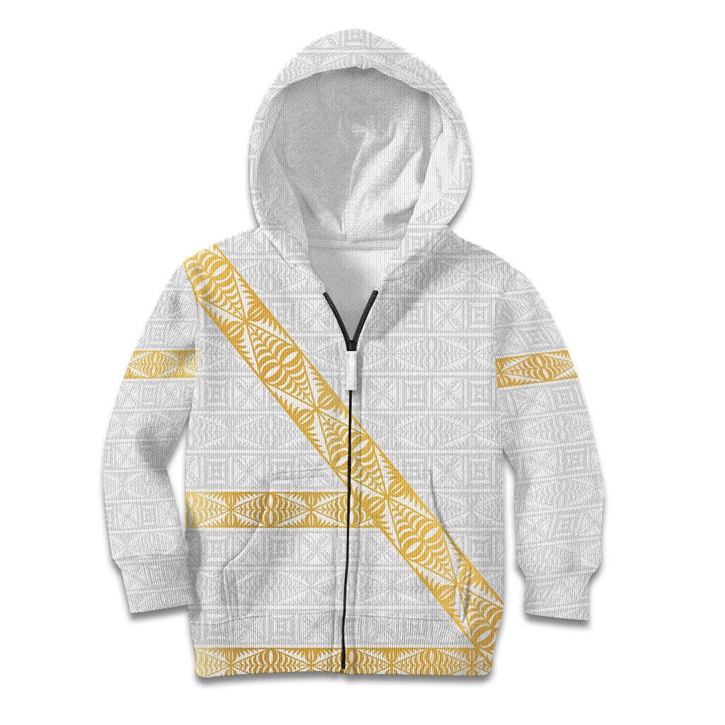 Tonga White Sunday Kid Hoodie Fakame Tongan Ngatu Pattern Gold Strips LT14 Zip Hoodie White - Polynesian Pride