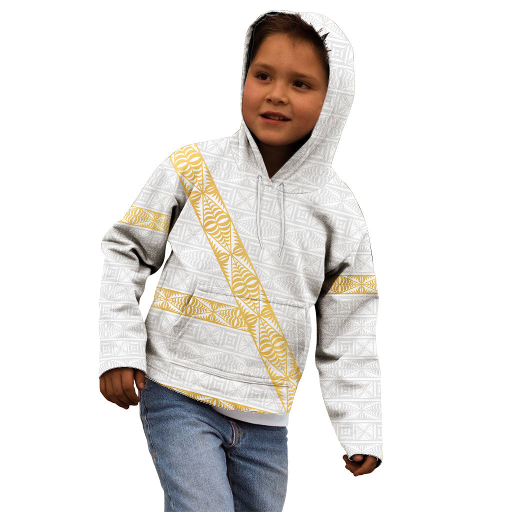 Tonga White Sunday Kid Hoodie Fakame Tongan Ngatu Pattern Gold Strips LT14 - Polynesian Pride