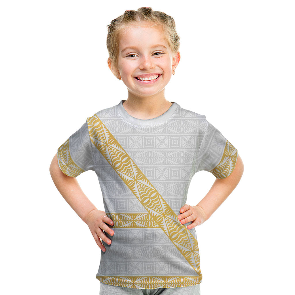 Tonga White Sunday Kid T Shirt Fakame Tongan Ngatu Pattern Gold Strips LT14 White - Polynesian Pride