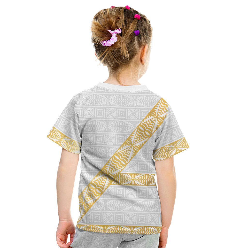 Tonga White Sunday Kid T Shirt Fakame Tongan Ngatu Pattern Gold Strips LT14 - Polynesian Pride
