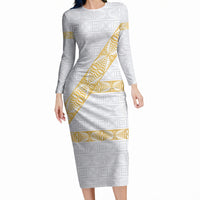 Tonga White Sunday Long Sleeve Bodycon Dress Fakame Tongan Ngatu Pattern Gold Strips LT14 Long Dress White - Polynesian Pride