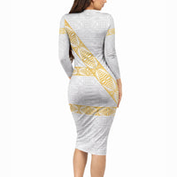 Tonga White Sunday Long Sleeve Bodycon Dress Fakame Tongan Ngatu Pattern Gold Strips LT14 - Polynesian Pride