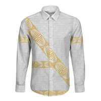 Tonga White Sunday Long Sleeve Button Shirt Fakame Tongan Ngatu Pattern Gold Strips LT14 Unisex White - Polynesian Pride