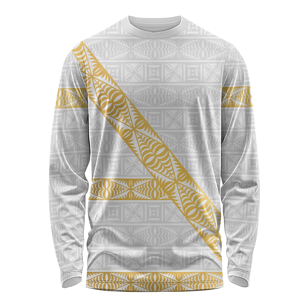Tonga White Sunday Long Sleeve Shirt Fakame Tongan Ngatu Pattern Gold Strips LT14 Unisex White - Polynesian Pride