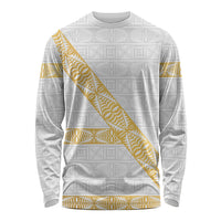 Tonga White Sunday Long Sleeve Shirt Fakame Tongan Ngatu Pattern Gold Strips LT14 Unisex White - Polynesian Pride