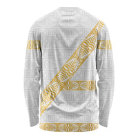 Tonga White Sunday Long Sleeve Shirt Fakame Tongan Ngatu Pattern Gold Strips LT14 - Polynesian Pride