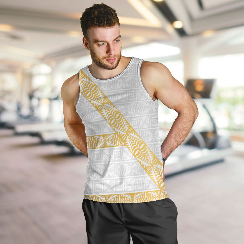Tonga White Sunday Men Tank Top Fakame Tongan Ngatu Pattern Gold Strips LT14 White - Polynesian Pride