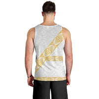 Tonga White Sunday Men Tank Top Fakame Tongan Ngatu Pattern Gold Strips LT14 - Polynesian Pride
