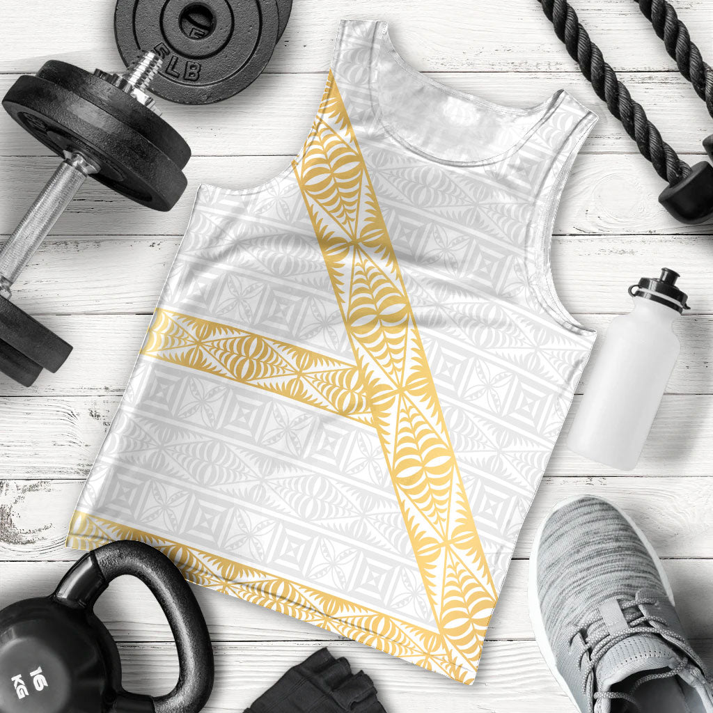 Tonga White Sunday Men Tank Top Fakame Tongan Ngatu Pattern Gold Strips LT14 - Polynesian Pride