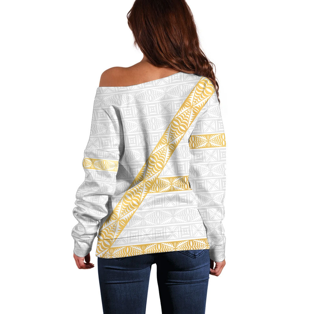 Tonga White Sunday Off Shoulder Sweater Fakame Tongan Ngatu Pattern Gold Strips LT14 - Polynesian Pride