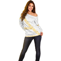Tonga White Sunday Off Shoulder Sweater Fakame Tongan Ngatu Pattern Gold Strips LT14 - Polynesian Pride