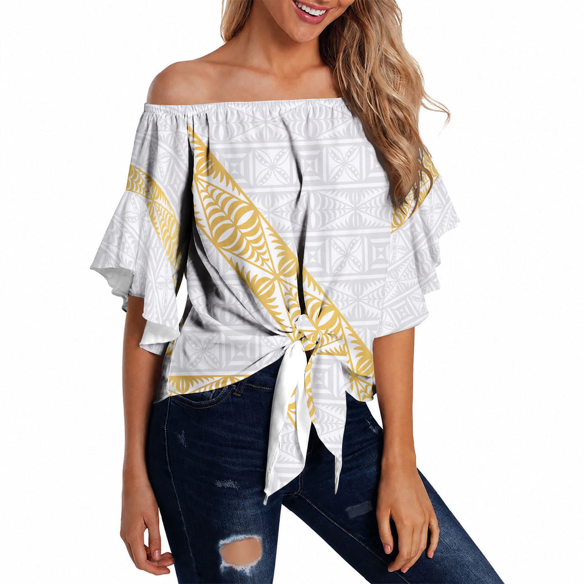 Tonga White Sunday Off Shoulder Wrap Waist Top Fakame Tongan Ngatu Pattern Gold Strips LT14 White - Polynesian Pride