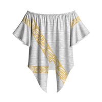 Tonga White Sunday Off Shoulder Wrap Waist Top Fakame Tongan Ngatu Pattern Gold Strips LT14 - Polynesian Pride