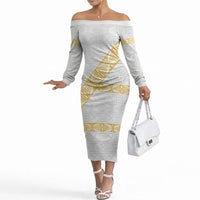 Tonga White Sunday Off The Shoulder Long Sleeve Dress Fakame Tongan Ngatu Pattern Gold Strips LT14 Women White - Polynesian Pride