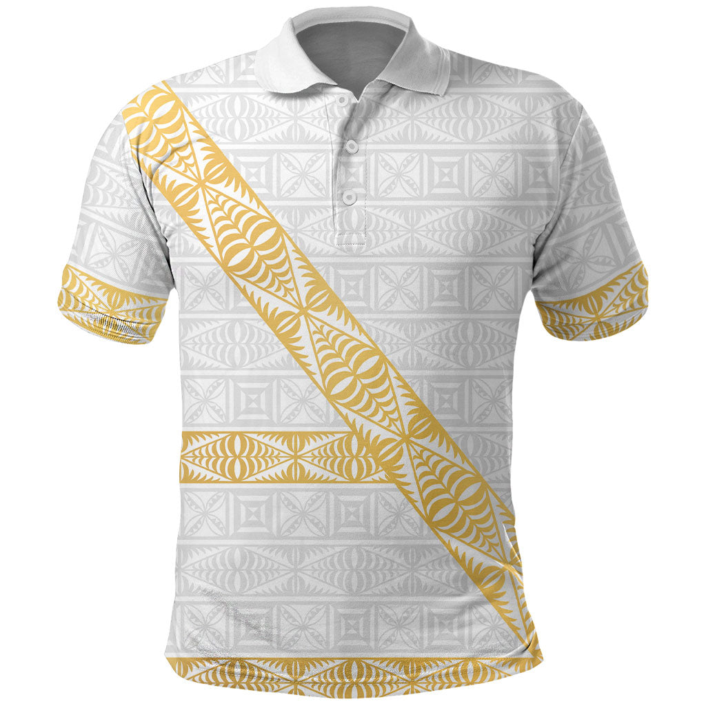 Tonga White Sunday Polo Shirt Fakame Tongan Ngatu Pattern Gold Strips LT14 White - Polynesian Pride