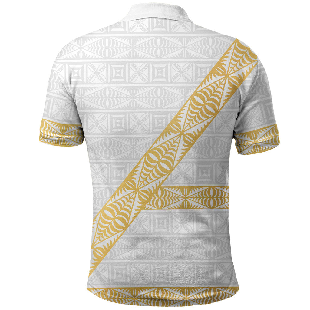 Tonga White Sunday Polo Shirt Fakame Tongan Ngatu Pattern Gold Strips LT14 - Polynesian Pride