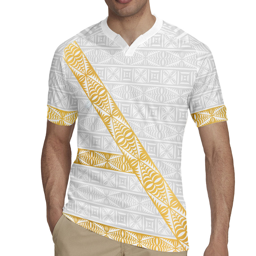 Tonga White Sunday Rugby Jersey Fakame Tongan Ngatu Pattern Gold Strips LT14 - Polynesian Pride