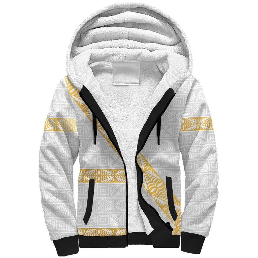Tonga White Sunday Sherpa Hoodie Fakame Tongan Ngatu Pattern Gold Strips LT14 Unisex White - Polynesian Pride