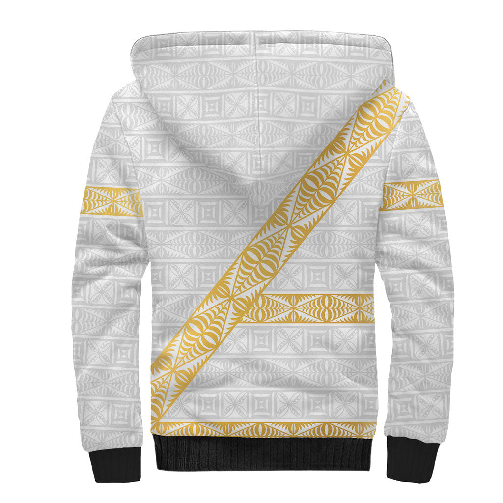 Tonga White Sunday Sherpa Hoodie Fakame Tongan Ngatu Pattern Gold Strips LT14 - Polynesian Pride