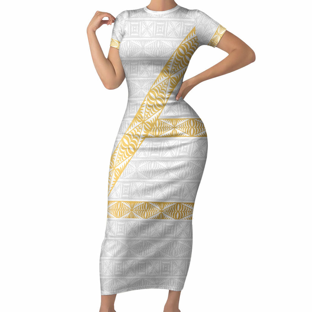 Tonga White Sunday Short Sleeve Bodycon Dress Fakame Tongan Ngatu Pattern Gold Strips LT14 Long Dress White - Polynesian Pride