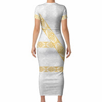 Tonga White Sunday Short Sleeve Bodycon Dress Fakame Tongan Ngatu Pattern Gold Strips LT14 - Polynesian Pride